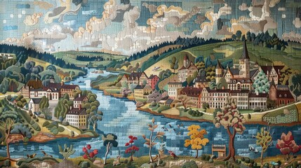 Fototapeta premium A detailed, colorful mosaic artwork depicting a scenic river flowing through a charming village surrounded by lush hills and trees.