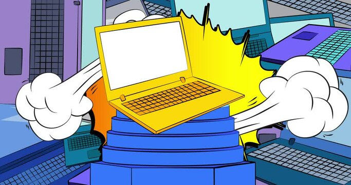 Comic Book notebook, laptop on product podium stage, animation for presentation. Retro comics background video.