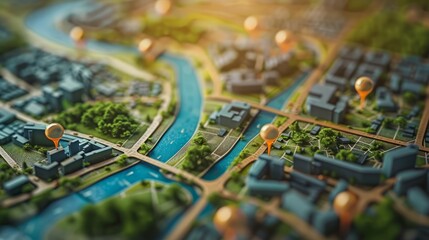 Aerial view of a city map with navigation markers highlighting key locations along blue waterways and streets in a vibrant urban area.