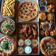 A variety of fast food dishes including pizza, chicken wings and French fries are laid out on an old wooden table with empty boxes for ready-to-eat plates. High viewing angle