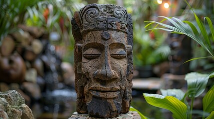 Ancient wooden statue with closed eyes in a lush garden, surrounded by greenery and stones, captured in natural light.