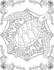 Fototapeta premium Sea Turtle on Mandala Coloring Page. Printable Coloring Worksheet for Adults and Kids. Educational Resources for School and Preschool. Mandala Coloring for Adults