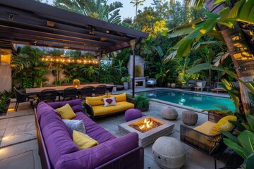 A modern outdoor living area with an unlit pool and purple and yellow couches under the shade of a wooden arbor in front of a dining table surrounded by chairs.