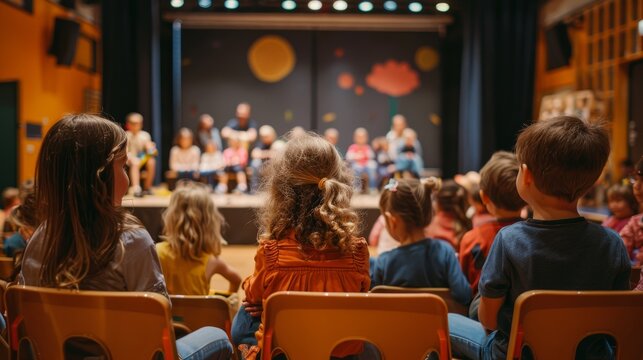 Children sitting in an audience, enjoying a colorful stage performance in a school auditorium.