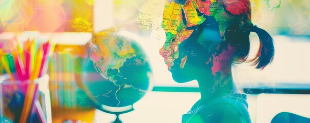 Double exposure of child with colorful world map, symbolizing global education and multicultural learning, surrounded by bright school supplies.