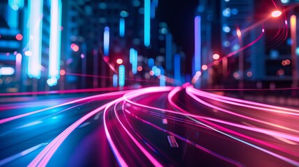 Fototapeta premium Dynamic neon light trails in an urban cityscape, capturing the energy and speed of modern nightlife. Perfect for technology and urban concepts.