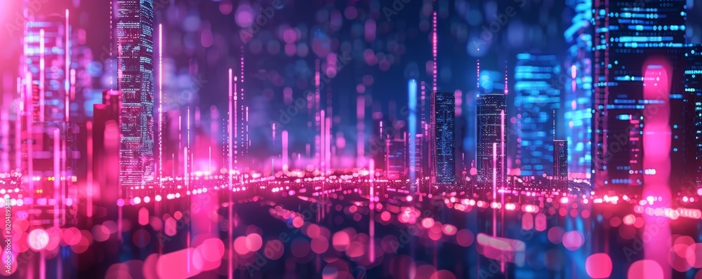 Wall mural Futuristic cityscape with neon lights and digital elements showcasing urban night life and technological advancements.