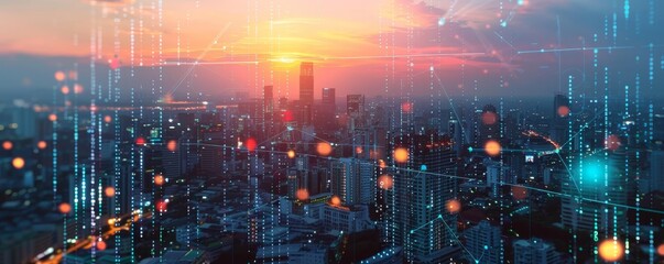 Fototapeta premium Futuristic cityscape at sunset with digital interface elements, conveying innovation and technology in an urban environment.