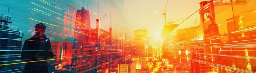 Fototapeta premium Futuristic cityscape with vibrant colors and digital effects showcasing a dynamic urban environment during sunset.
