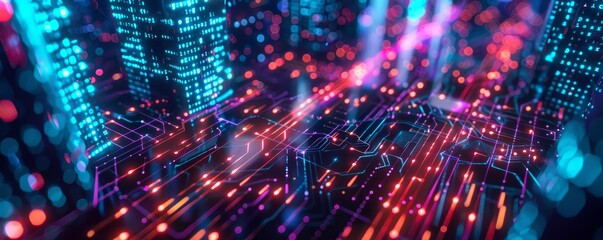 Fototapeta premium Futuristic digital cityscape with vibrant neon lights and data streams depicting modern technology and advanced communication networks.
