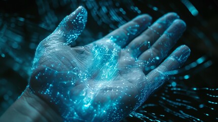 Fototapeta premium Futuristic hand with glowing network, represents technology, data exchange, and digital innovation. High-tech, innovation concept image.