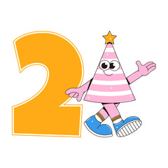 Two Happy Birthday party sticker in retro groovy style. Funky walking character and number 2. Vintage mascot psychedelic smile. Vector illustration