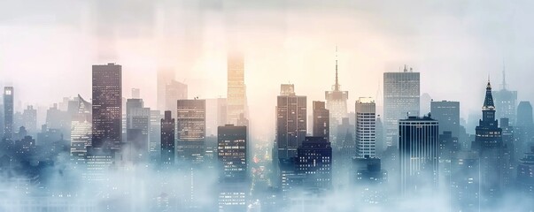 Fototapeta premium Panoramic view of a modern city skyline shrouded in mist during sunrise, creating a mysterious and serene urban landscape.
