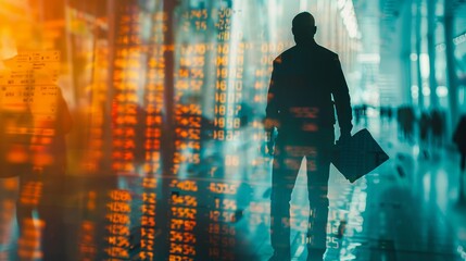 Fototapeta premium Silhouette of a businessperson with a briefcase against a backdrop of digital financial data, symbolizing economic trends and market analysis.