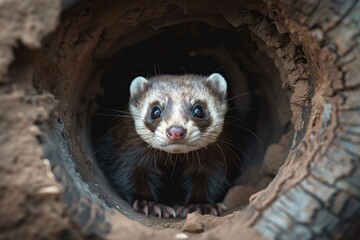 Obraz premium Ferret exploring a tunnel, space for text