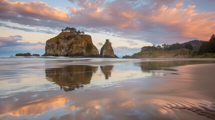 A tranquil beach at sunset, with pastel-colored skies reflecting on the calm water