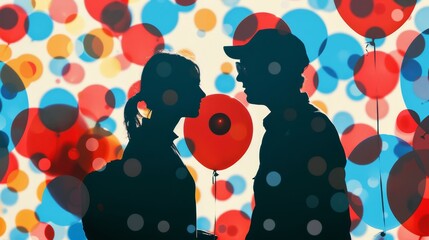 Silhouette of couple with colorful bokeh background, intimate and romantic scene with balloons and dots.