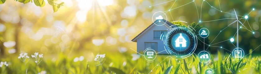 Naklejka premium Smart home technology concept with a house icon in a nature setting, emphasizing connectivity, sustainability, and eco-friendly living.