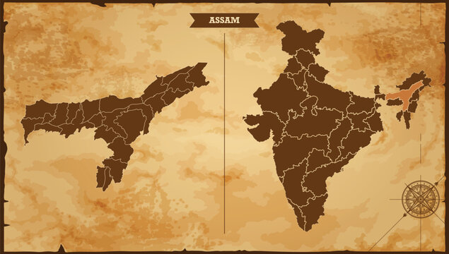 Assam state map, India map with federal states in A vintage map based background, Political India Map