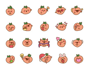 Cute kawaii peach with a smile. Cartoon character. Hand drawn style. Vector drawing. Collection of design elements.