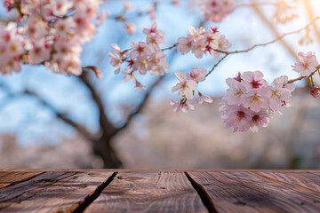 A wooden desk top with blurred background of skura tree with cherry blossom. Good for background