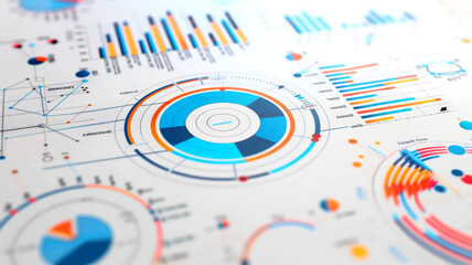 Abstract economic diagram with overlapping circular graphs and interactive charts on a white background,