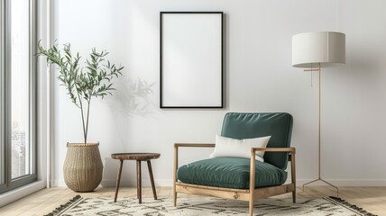 Mockup of a blank frame on a white wall, next to a modern armchair and floor lamp, with a cozy rug and coffee table,