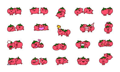 Funny tomato couple. Cute cartoon characters. Hand drawn style. Vector drawing. Collection of design elements.