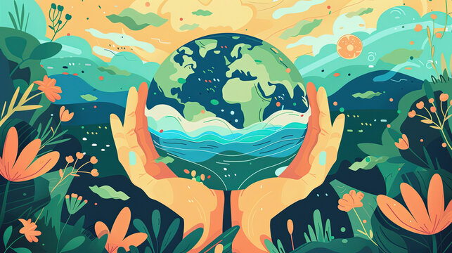 Illustration of green planet earth, protecting the earth, nature conservation day concept.