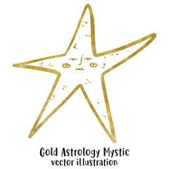 Gold Sun Illustration with Mystical Celestial Face and Abstract Rays