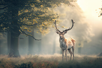 A deer with impressive antlers stands alert in a misty forest, bathed in soft early morning light, surrounded by tall trees and lush undergrowth.