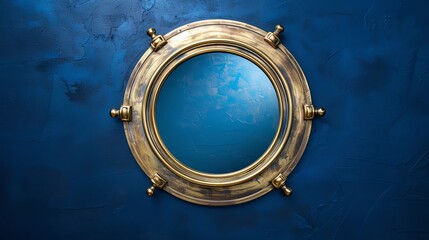 Antique brass porthole mirror against a blue wall, capturing a nautical and vintage aesthetic. Ideal for interior design and maritime themes.