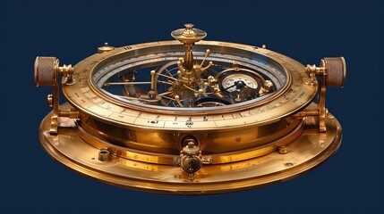Close-up of an antique brass compass with intricate details on a dark blue background, showcasing vintage nautical navigation equipment.
