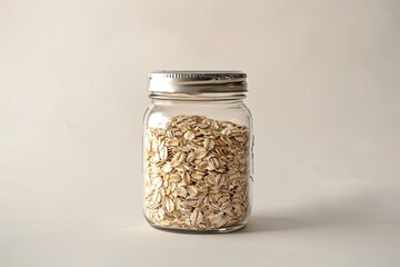 Wholesome quinoa served in a glass jar against a clear surface.