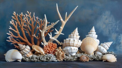 Obraz premium Assorted sea shells and coral against a dark blue background, showcasing marine life beauty and natural textures in an artistic arrangement.