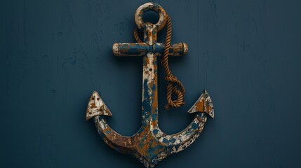 Rusty vintage anchor hanging on blue wall, nautical maritime decor, symbolizing strength, stability, and a connection to the sea.