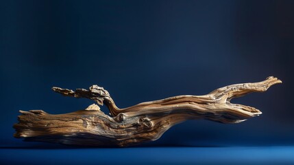 Fototapeta premium Artistic driftwood against a blue background. The natural texture and form of the wood create an organic and captivating art piece.