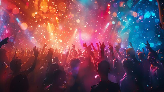 Highresolution image of concert crowd at music festival, vibrant lights, energetic atmosphere, engaged audience, Midjourney AI art