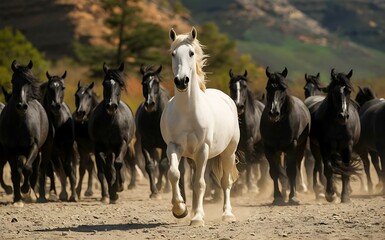 A white horse leads a herd of black horses