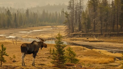 A lone moose in a droughtstricken forest, dry riverbed in the background, embodying climateinduced habitat loss