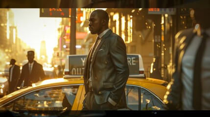 man in a stylish suit stands confidently outside a yellow taxi in a bustling city street, bathed in...