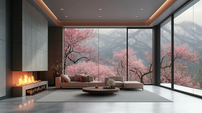 modern living room with fireplace. seamless looping time-lapse 4K video background