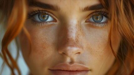 A close up of a woman with freckles.