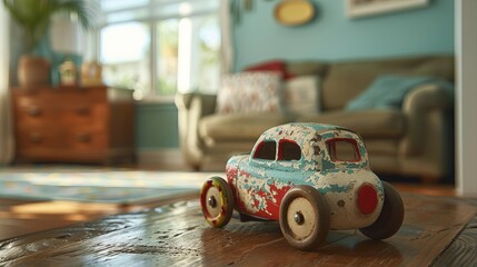 A small, rusty toy car sits on a wooden table in a living room