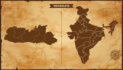 Meghalaya state map, India map with federal states in A vintage map based background, Political India Map