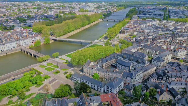 Maine River crossing Angers, Loire Valley, France. Aerial forward