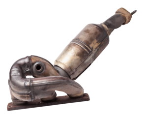 Automotive catalyst removed from a vehicle for repair with a ceramic coating inside as part of an exhaust system to remove harmful emissions in a car repair shop