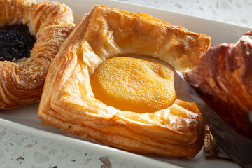 A closeup view of a custard danish.