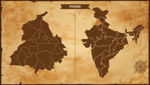 Punjab state map, India map with federal states in A vintage map based background, Political India Map