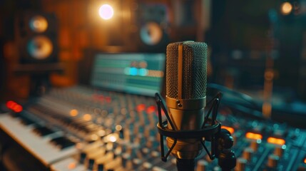 Close up view of microphone in a sound recording studio with audio mixer and professional...